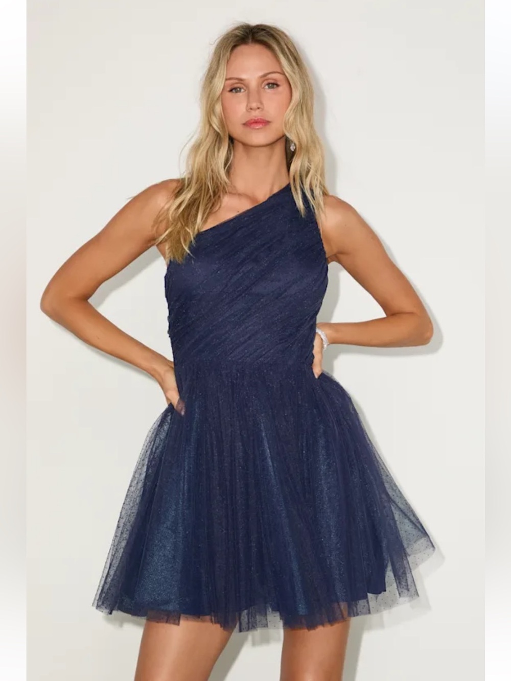NWT: Lulus Navy One-shoulder Mini Dress Size XL Polkadot Exceptional Moments